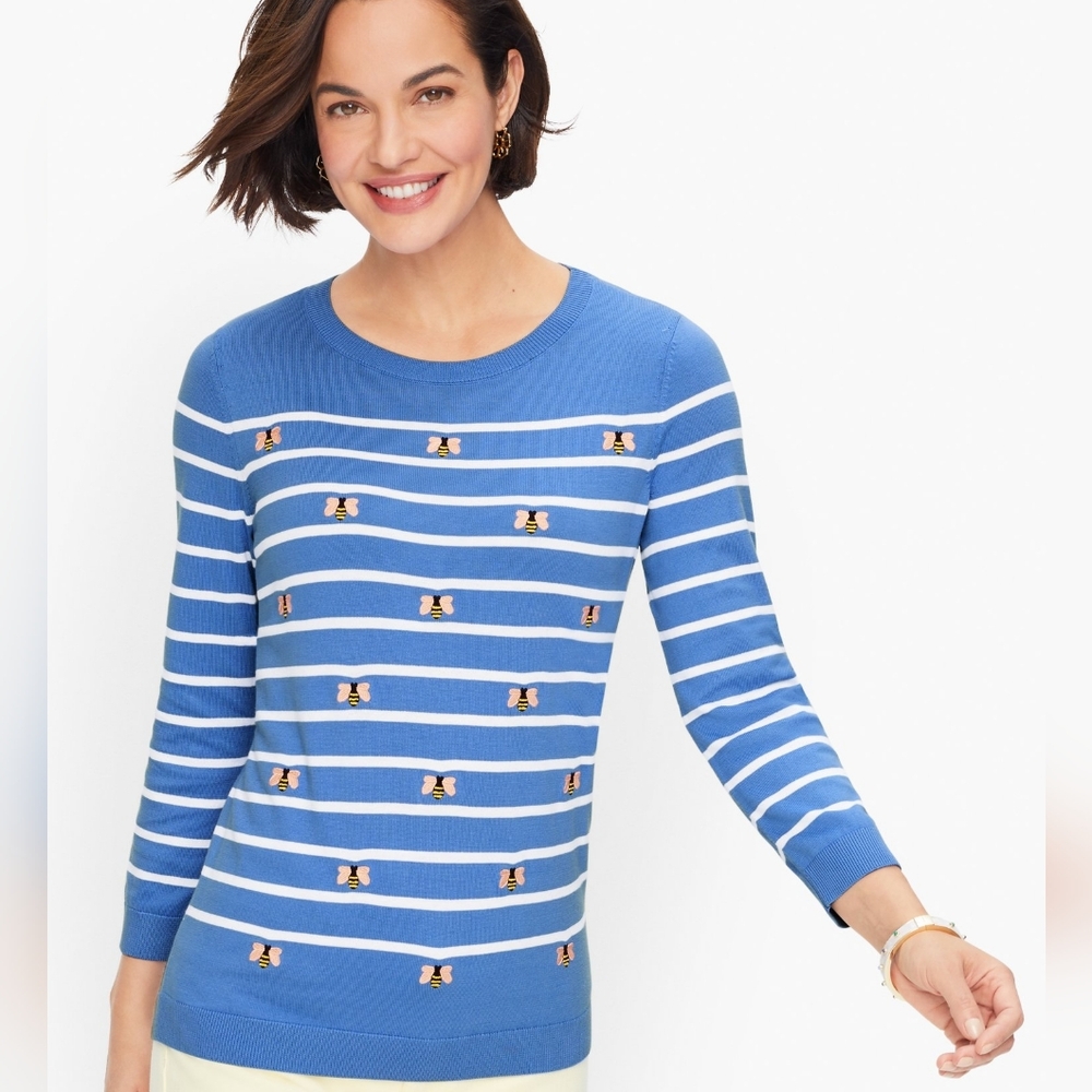 Talbots M Bees Stripped Knit Top Cotton Blend Crewneck Sweater Medium